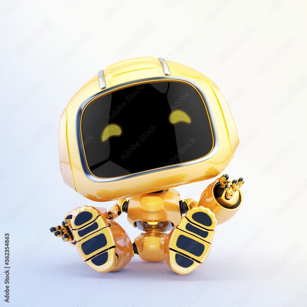 Poster adorable mini unit sitting and gesturing. 3d rendering