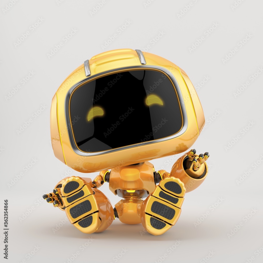 Poster adorable mini unit sitting and gesturing. 3d rendering