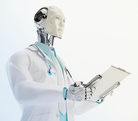 Humanoid robot doctor with stethoscope wears medical gown and tie holding tablet in side 3d render / Robotic doctor 