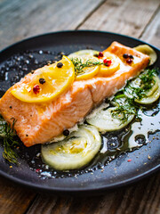 Roasted salmon steak with lemon, and onion served on black plate on wooden table
