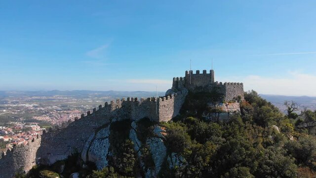 4k aerial drone view of Castle of Sintra, or Castelo dos Mouros or Moorish Castle, Sintra, Portugal