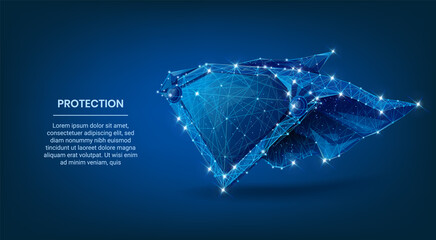 Super Shield composed of polygons. Business concept of protection. Low poly vector illustration. The shield consists of lines, dots and shapes