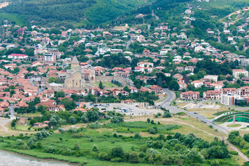 Fototapeta na wymiar Holy city of Mtskheta view from Jvari Monastery in Mtskheta, Mtskheta-Mtianeti, Georgia. It is part of the World Heritage Site - Historical Monuments of Mtskheta.