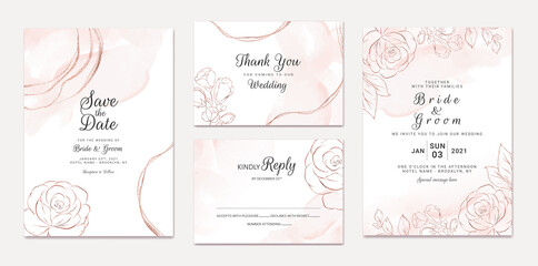 Elegant abstract background. Wedding invitation card template set with watercolor splash and gold floral decoration. Brush stroke for save the date, greeting, poster, and cover design