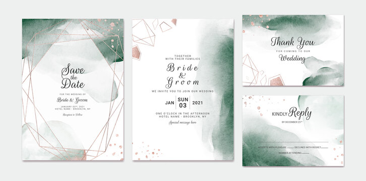 Elegant abstract background. Wedding invitation card template set with watercolor splash and gold geometric frame. Brush stroke for save the date, greeting, poster, and cover design