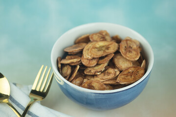 Banana chips mix with honey sweet. Dried food snack Thai style