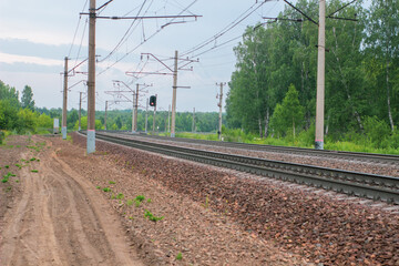 Railway tracks in the middle of the spring forest