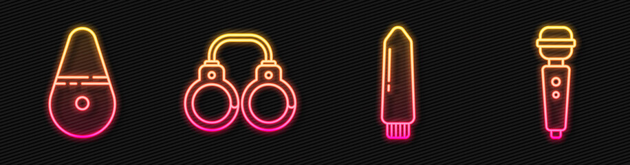 Set line Dildo vibrator, Dildo vibrator, Sexy fluffy handcuffs and Dildo vibrator. Glowing neon icon. Vector.