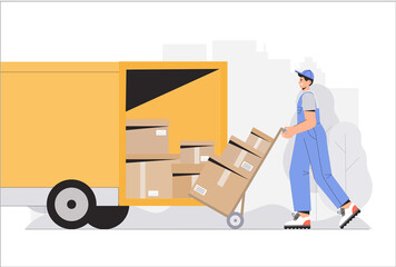 Warehouse delivery business illustration. Warehouse workers characters unloading boxes. Flat style vector illustration.