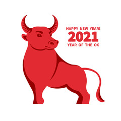 Ox is a symbol of the 2021 Chinese New Year. Holiday vector illustration of decorative red Zodiac Sign of bull on a white background.