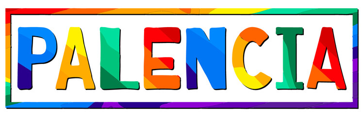 Palencia. Multicolored bright funny cartoon isolated inscription in frame. Colorful letters. Spain Palencia for print on clothing, spanish t-shirt, banner, flyer, card, souvenir. Stock vector picture.