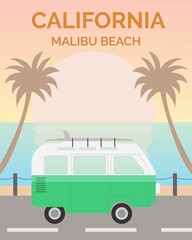Illustration vector design of retro and vintage poster of California malibu beach. This poster suitable for decoration for room or cafe or shop.