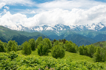 Naklejka na ściany i meble Caucasus Mountain view from Peak of Zuruldi Mountain. a famous landscape in Mestia, Samegrelo-Zemo Svaneti, Georgia.