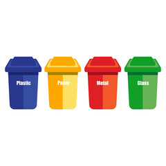 colored trash cans blue red with metal, paper, plastic, glass and organic waste suitable for reuse reduce recycle. waste sorting garbage. vector illustration