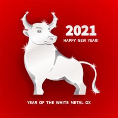 White metal Ox is a symbol of the 2021 Chinese New Year. Holiday vector illustration of decorative metallic Zodiac Sign of bull on a red background