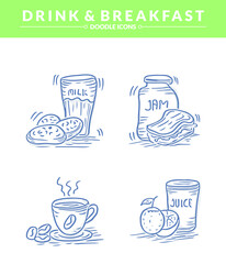 Breakfast Doodle icon, Morning breakfast elements such us drink, milk, coffee, jam and juice