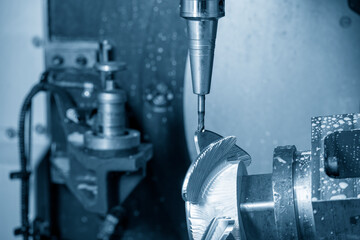 The  5 axis CNC milling machine cutting the boat propeller parts with solid ball end-mill tools....