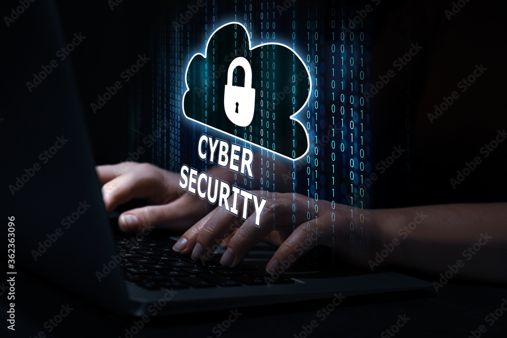 Poster cyber security concept. hacker using laptop, closeup. cloud with padlock illustration over keyboard