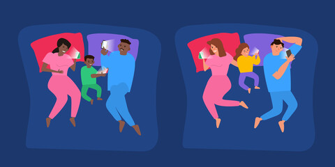 social media internet gadget  addiction family lying in bed at night with  smartphones vector illustration
