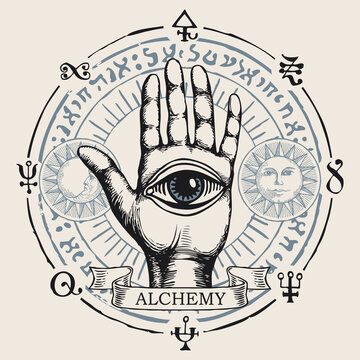 Open palm with all seeing eye symbol. Vector hand-drawn banner on the theme of alchemy with human hand, third eye, esoteric and magic symbols written in a circle in retro style