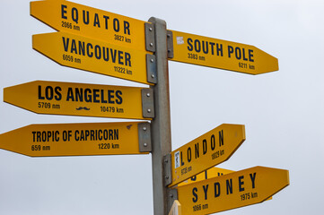 Fototapeta premium Close caption of Sign with distance to different cities, 02.27.13, Cape Reinga, NewZealand