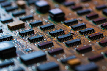 Electronic printed circuit Board close-up.Memory chip.Small depth of field