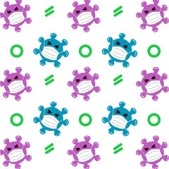 Abstract pink and blue viruses cartoon wear mask seamless pattern background. 