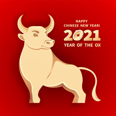 Metal Ox is a symbol of the 2021 Chinese New Year. Holiday vector illustration of decorative metallic Zodiac Sign of bull on a red background