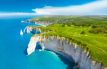 Picturesque panoramic landscape on the cliffs of Etretat. Natural amazing cliffs. Etretat,...