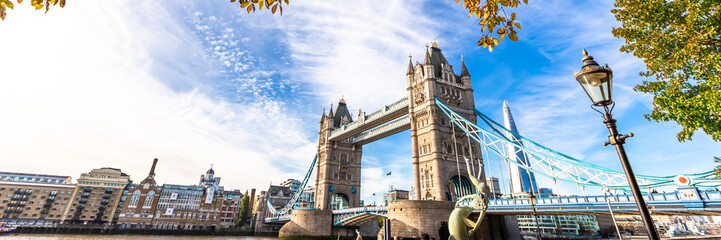 Fototapeta na wymiar Tower Bridge in London, UK, United Kingdom. Web banner in panoramic view.