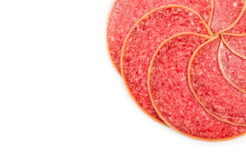 Salami slices isolated on white background.