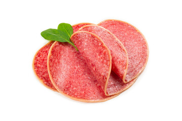 Salami slices isolated on white background.