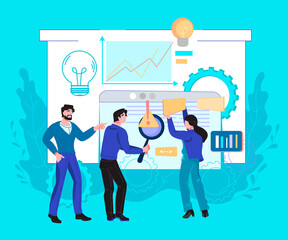 Business analytics banner concept with office workers are studying the infographic, flat vector illustration. Data analysis and strategy of company development, marketing research.