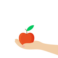 Red juicy apple in hand, isolated on white background. Concept fruit. Vector flat illustration.
