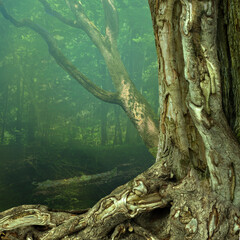 Old weird hollowed tree with crooked roots in blue hazy mysterious forest