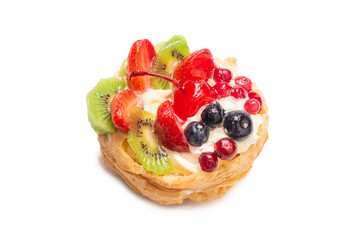 Home made cake with cream and fruits isolated.