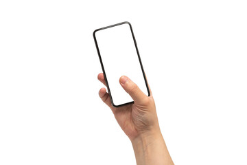 Smart phone in man hand isolated on white background.  White screen.