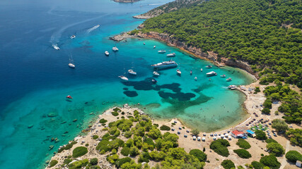 Aerial drone photo of secluded paradise bay and small island of Moni with turquoise crystal clear...