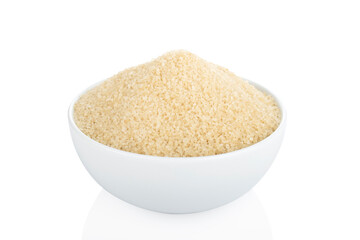 Sugar, brown sugar. Granulated brown sugar in white bowl, on white background (Tr- esmer seker )
