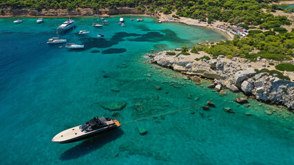 Aerial drone photo of secluded paradise bay and small island of Moni with turquoise crystal clear...