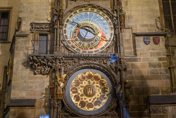 Astronomical Clock at Old Town Square at night in Prague, Czech Republic
