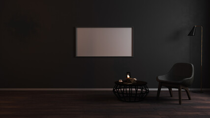 Horizontal Blank frames mock up in luxury dark living room interior background with grey armchair in night light, luxury living room interior with empty picture frames, 3d rendering