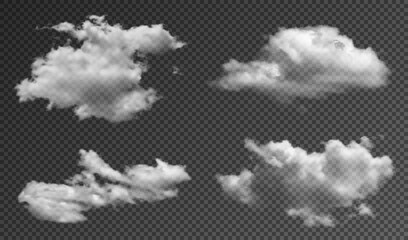 Realistic fluffy clouds isolated on transparent background. Set of transparent clouds with realistic texture, shine and sunlight effect