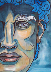 Watercolor blue man half portrait inspire on David sculpture