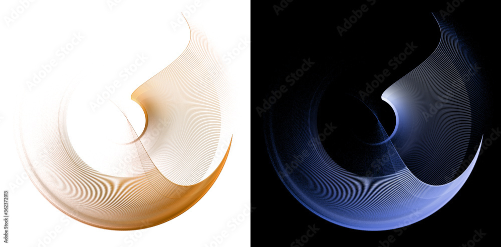 Poster set of two abstract fractal backgrounds. two blades are bent by an arc and rotate around an axis on 