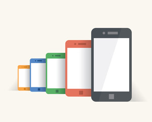 Multicolored mobile phones in a row like a rainbow. Vector illustration.