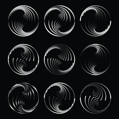 Set of white abstract stripes. Circle form. Design element for logo, tattoo, sign, symbol, web pages, prints, posters, template, monochrome pattern and abstract background