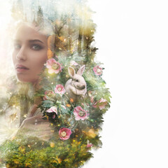 Visual digital art. Double exposure effects. Female head and rabbit in magical forest. Book cover...