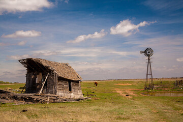 a delapidated falling down homestead building and a working windmill and cattle watering hole in...
