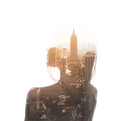 Double exposure portrait of thoughtful woman with cityscape view